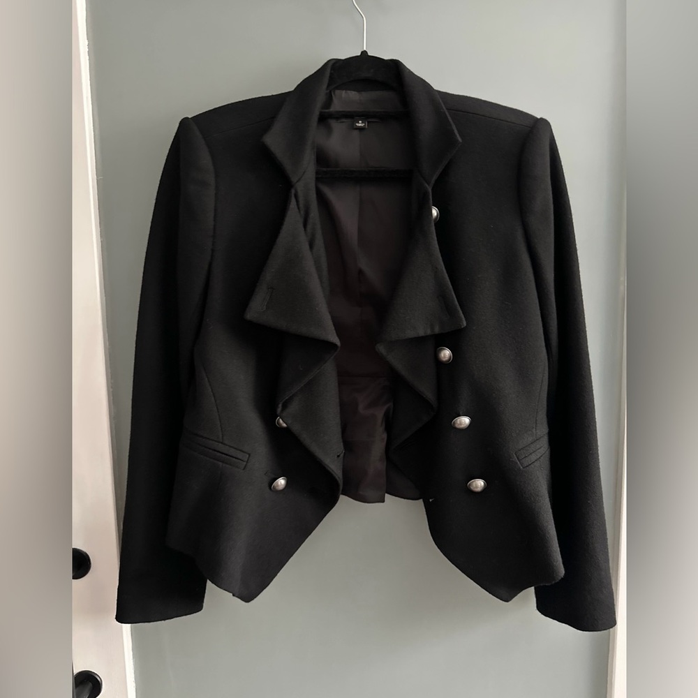 Ann Taylor Black Ruffle-Front Military-Style Blazer